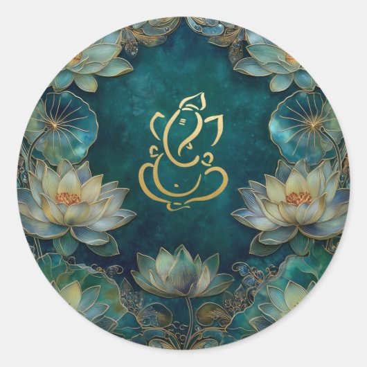 Lotus Indian Ganesh Wedding | Green Gold Runder Aufkleber (Vorderseite)