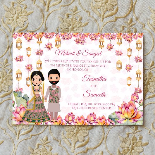 Lotus lanterns Indian wedding mehndi sangeet Einladung