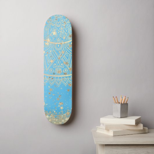 Lotus Mandala Glitzer Gold Stars auf Türkis Skateboard (Wandkunst)