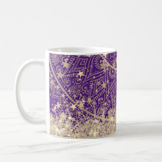 Lotus Mandala Gold Stars auf Lila Kaffeetasse (Links)