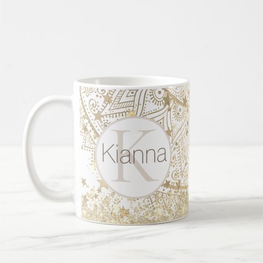 Lotus Mandala Gold Stars Glitzer Personalisiert Kaffeetasse (Links)
