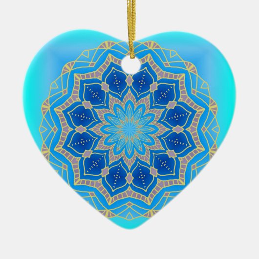 Lotus mandala in Türkis und Blau Keramik Ornament (Vorne)