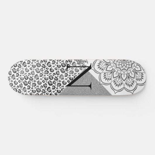 Lotus Mandala Leopard Silver Glitzer Monogram Skateboard (Horizontal)
