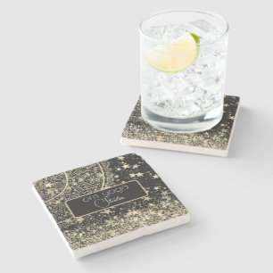 Lotus Mandala mit Gold Stars auf Schwarz individue Steinuntersetzer