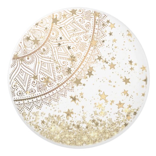 Lotus Mandala mit Gold Stars auf Weiß Keramikknauf (Vorderseite)