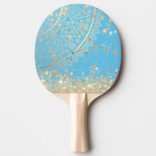 Lotus Mandala mit Gold Stars Glitzer auf Blue Tischtennis Schläger