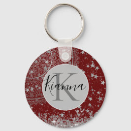 Lotus Mandala mit Silver Stars on Red Personalize Schlüsselanhänger