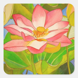 Lotus pink Wasserlilie Aquarellmalerei Quadratischer Aufkleber
