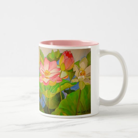 Lotus pink Wasserlilie Aquarellmalerei Zweifarbige Tasse (Rechts)