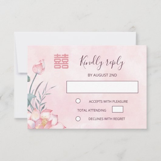 Lotus Red Chinese Wedding RSVP Karte (Vorderseite)
