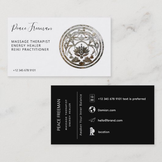 Lotus-Stillness | Silber-Mandala-Design Visitenkarte (Vorne/Hinten)