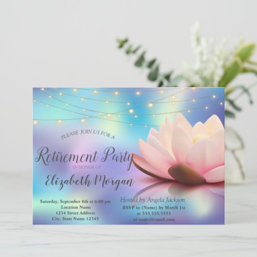 Lotus String Lights Holographic Retirement Party Einladung (Stehend Vorderseite)