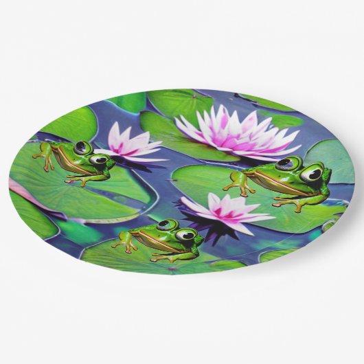 Lotus- und Lily-Pad-Frösche Pappteller (Schrägansicht)