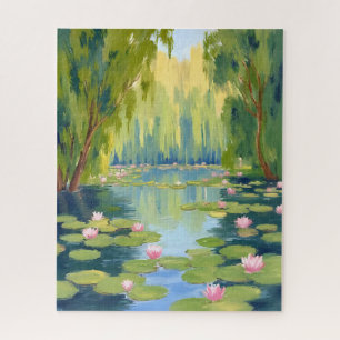 Lotusblüten Teich   Grüne Aquarell-Natur Puzzle