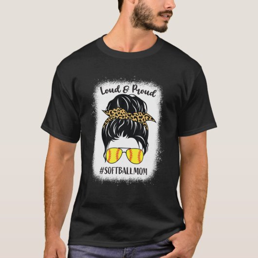 Loud Proud Baseball Softball Mama Messy Bun Leopar T-Shirt (Vorderseite)