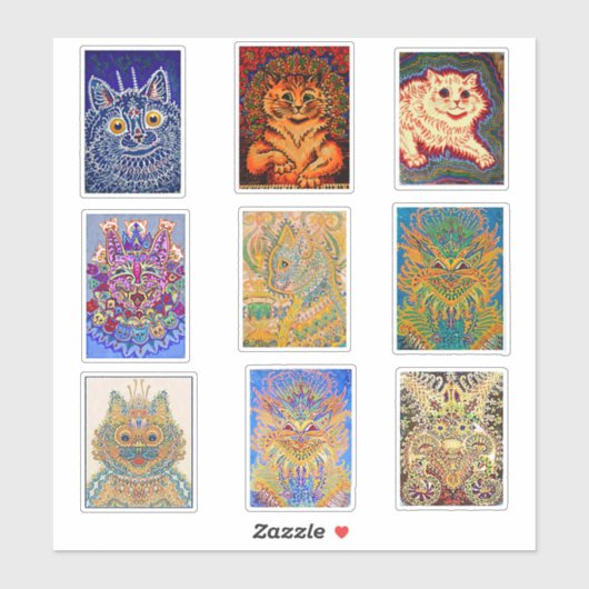 Louis Wain, 9 Gemälde der psychedelischen Katze, Aufkleber (Blatt)