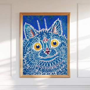 Louis Wain Psychedelic Blue Cat Painting Vintag Poster