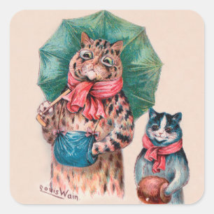 Louis Wains Katze und Kätzchen mit Regenschirmen Quadratischer Aufkleber
