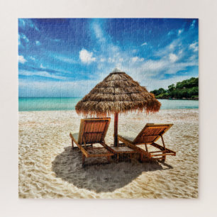 Lounge chairs on beach throw pillow puzzle
