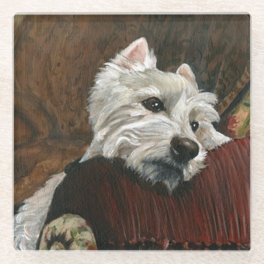 Lounging Westie auf Sofa Glasuntersetzer (Vorderseite)