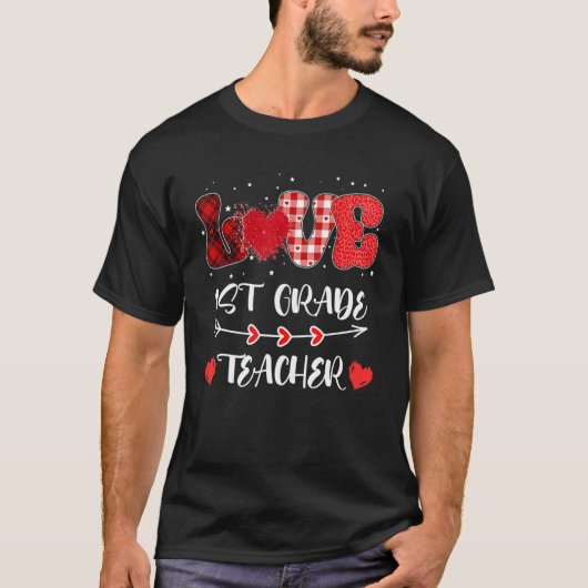 Love 1st Grade Teacher Heart Leopard Buffalo Plaid T-Shirt (Vorderseite)