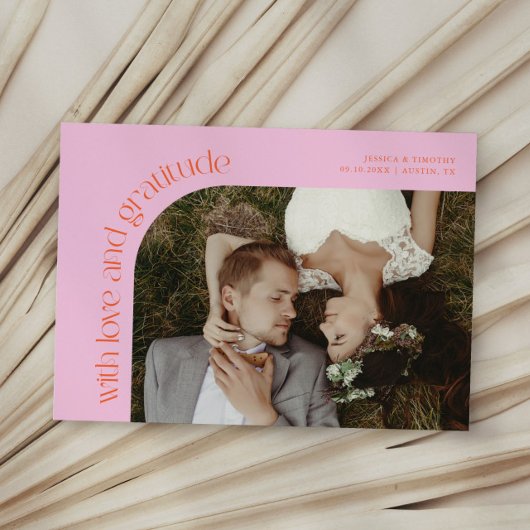 Love and Gratitude Orange Pink Wedding Photo Dankeskarte