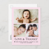 Love and Thanks Baby Photo Birth announcement pink Postkarte (Vorne/Hinten)