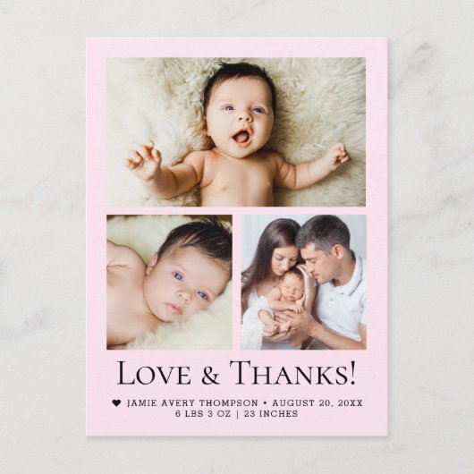 Love and Thanks Baby Photo Birth announcement pink Postkarte (Vorderseite)