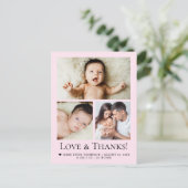 Love and Thanks Baby Photo Birth announcement pink Postkarte (Stehend Vorderseite)