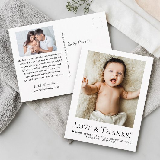 Love and Thanks Baby Photos Birth announcement Postkarte