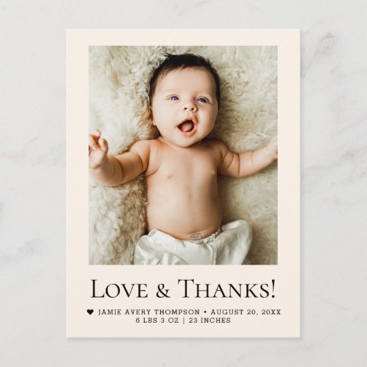 Love and Thanks Beige Baby Photo Birth Postkarte (Vorderseite)