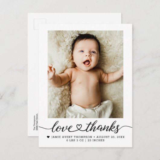 Love and Thanks heart script Photo Birth stars Postkarte (Vorne/Hinten)