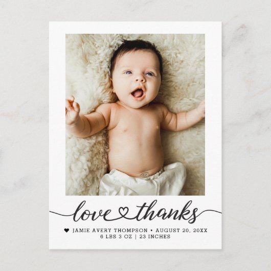 Love and Thanks heart script Photo Birth stars Postkarte (Vorderseite)