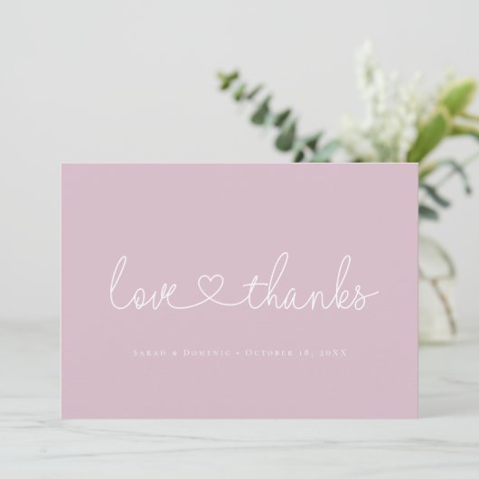 Love and Thanks Minimal script heart photo pink Dankeskarte (Stehend Vorderseite)