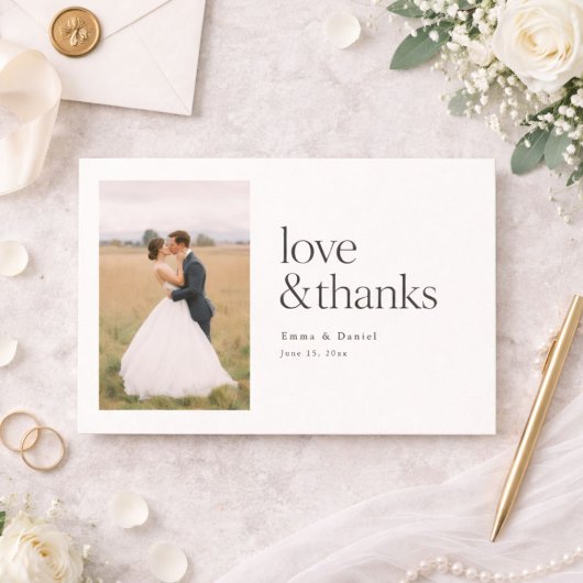 Love and Thanks Minimalist Chic Photo Wedding Dankeskarte