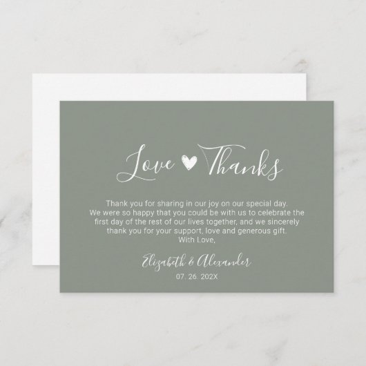 Love and Thanks Script Earthy Sage Green Wedding Dankeskarte (Vorne/Hinten)