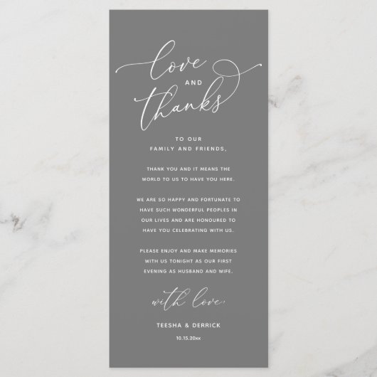 Love and Thanks, Wedding Dinner Thank You Card Programm (Vorderseite)