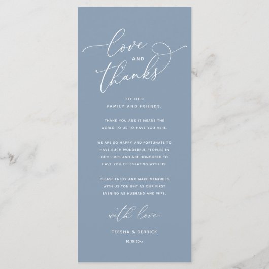 Love and Thanks, Wedding Dinner Thank You Card Programm (Vorderseite)
