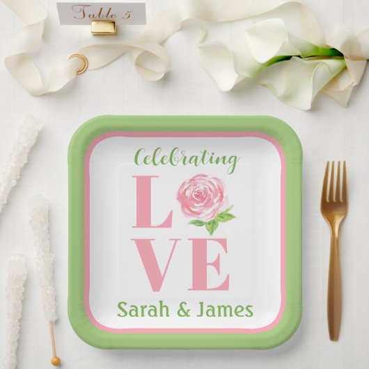 LOVE Aquarell-Rose NAME Braut Grün Pappteller (Hochzeit)