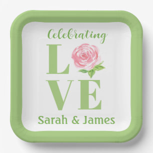 LOVE Aquarell-Rose NAME Hochzeit  Pappteller