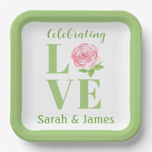 LOVE Aquarell-Rose NAME Hochzeit Pappteller (Vorderseite)