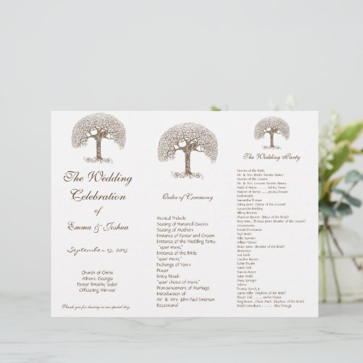Love Bird Brown Swirl Tree TriFold Wedding Program (Stehend Vorderseite)