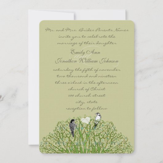 Love Bird Green Swirl Tree Einladung Hochzeit (Vorderseite)