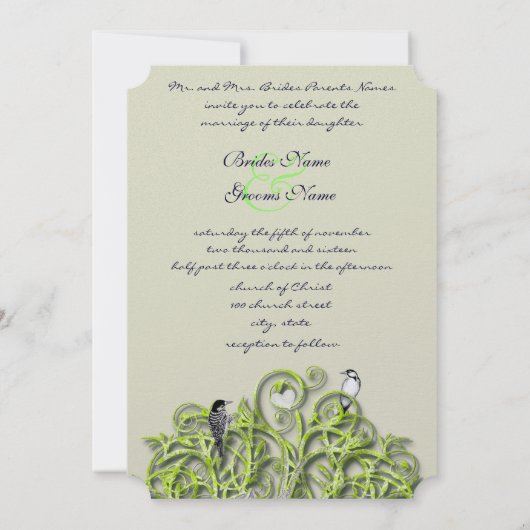 Love Bird Green Swirl Tree Wedding Felt Einladung (Rückseite)