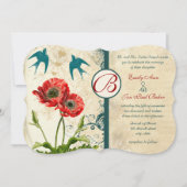 Love Bird Red Lace Damask Poppy Wedding Einladung (Vorderseite)