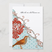 Love Bird Red (mehr rot) Endive Damask Wedding Einladung (Rückseite)