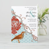Love Bird Red (mehr rot) Endive Damask Wedding Einladung (Stehend Vorderseite)