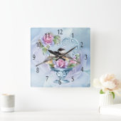 Love Birds and Roses Wall Clock Quadratische Wanduhr (Zuhause)
