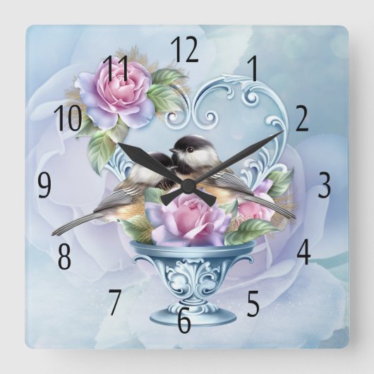 Love Birds and Roses Wall Clock Quadratische Wanduhr (Vorderseite)