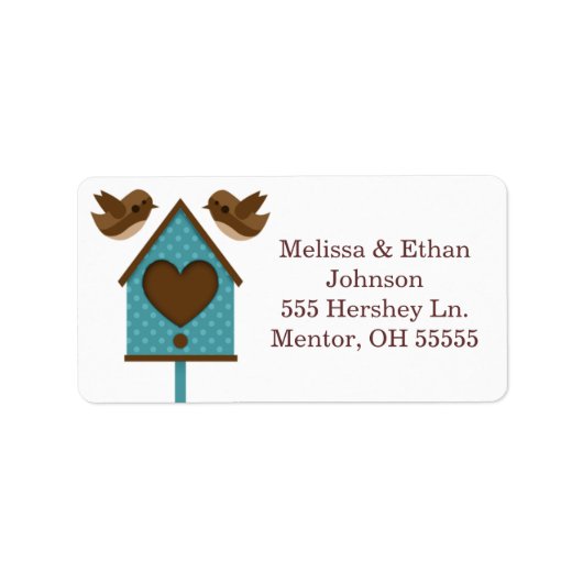 Love Birds Aquamarin Bird House Labels Adressaufkleber (Vorne)